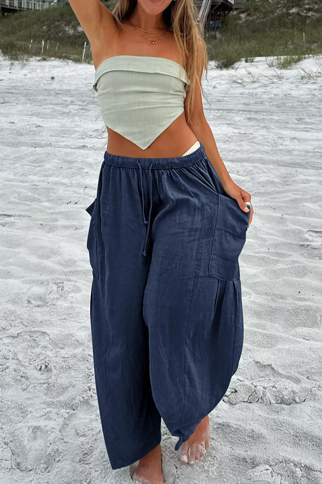 Casual Elastic Waist Wide Leg Cargo Pants