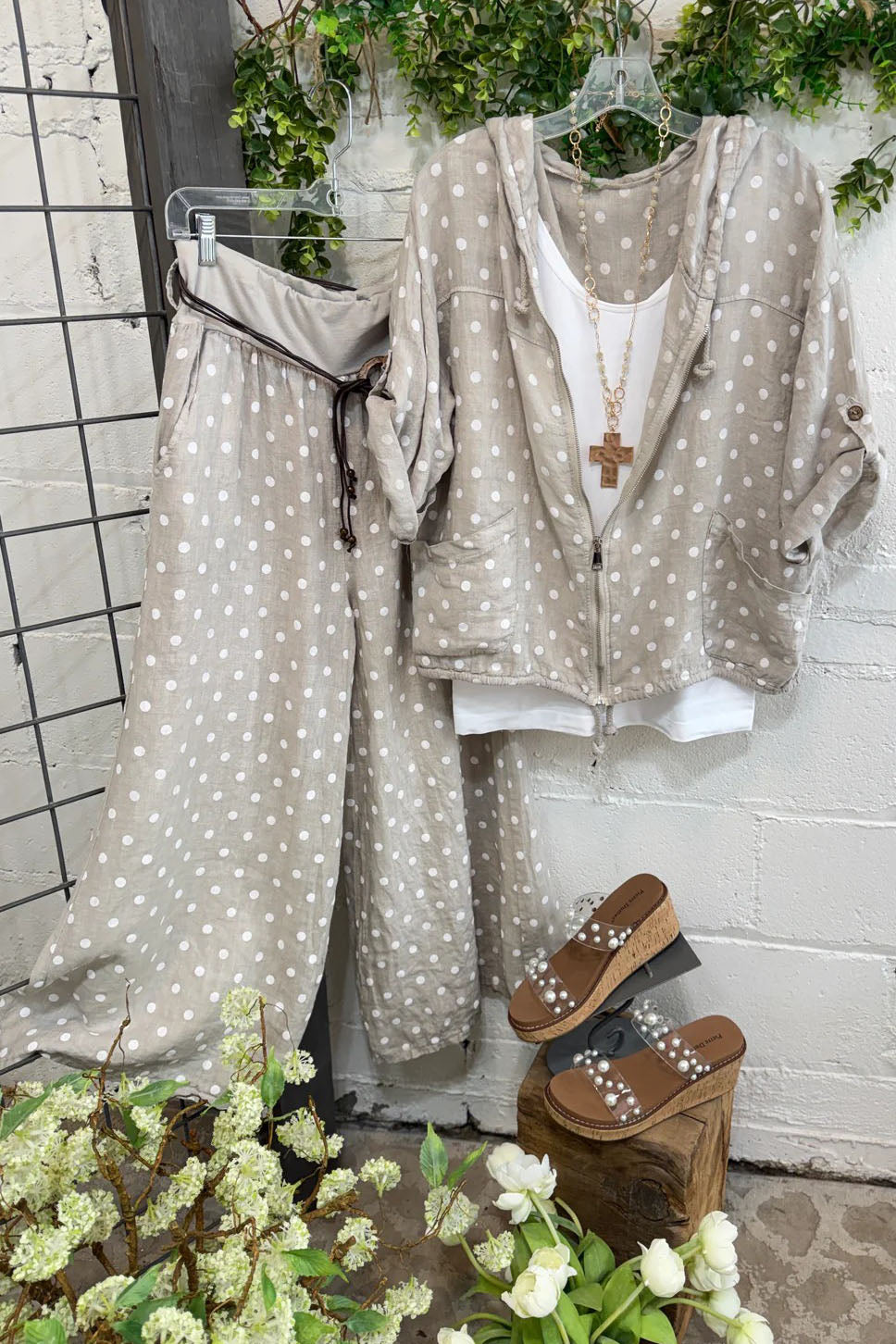 Polka Dot Linen Hooded Pant Set