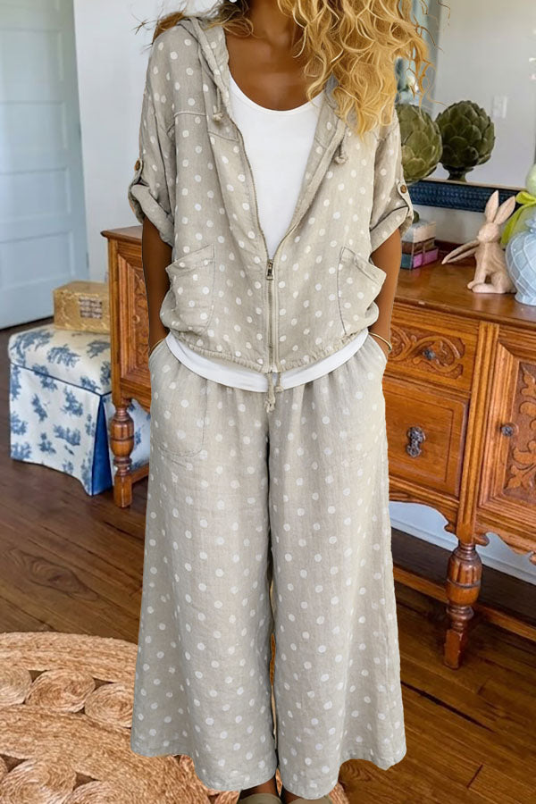 Polka Dot Linen Hooded Pant Set