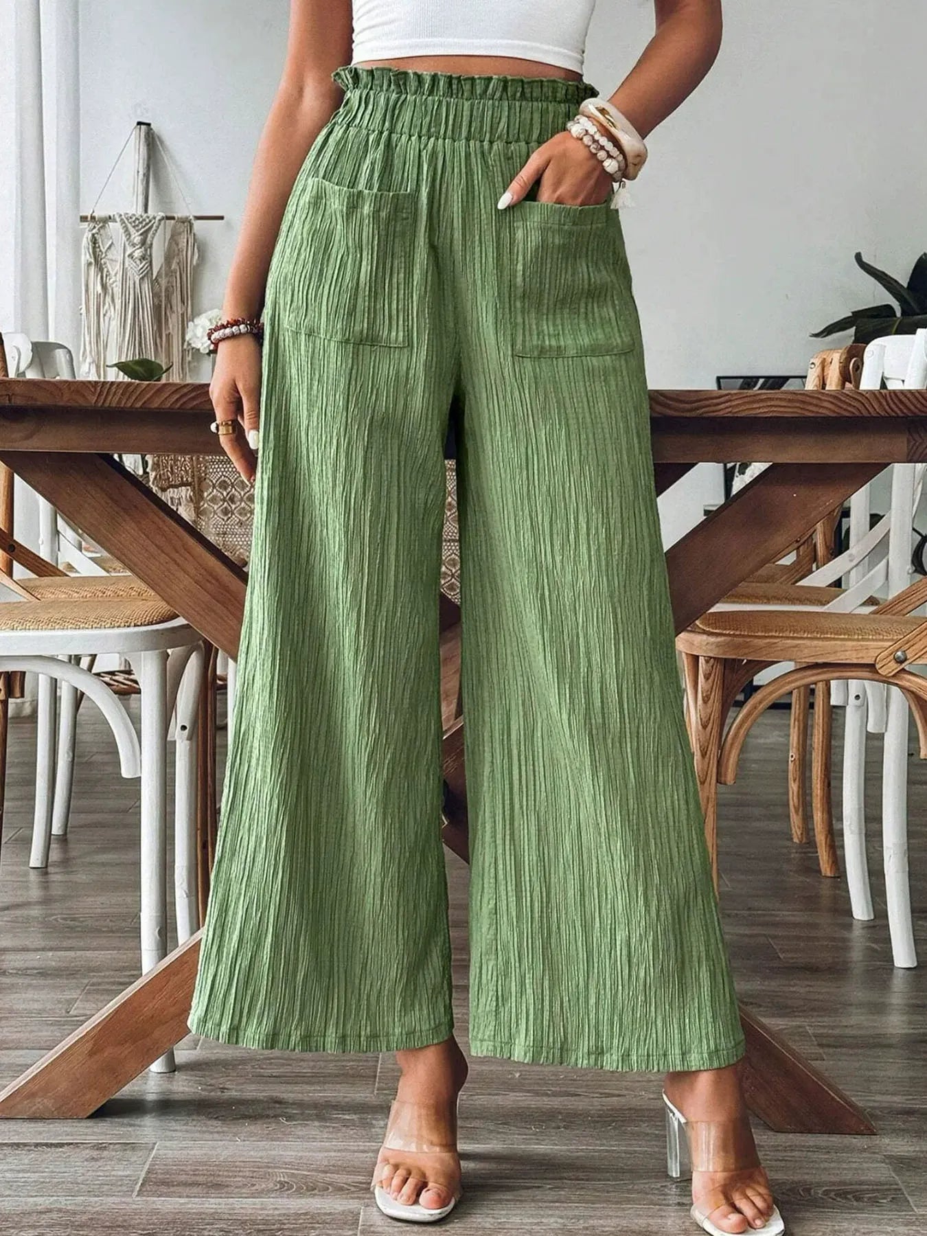 High-Waist Plated Wide-Leg Pocket Pants