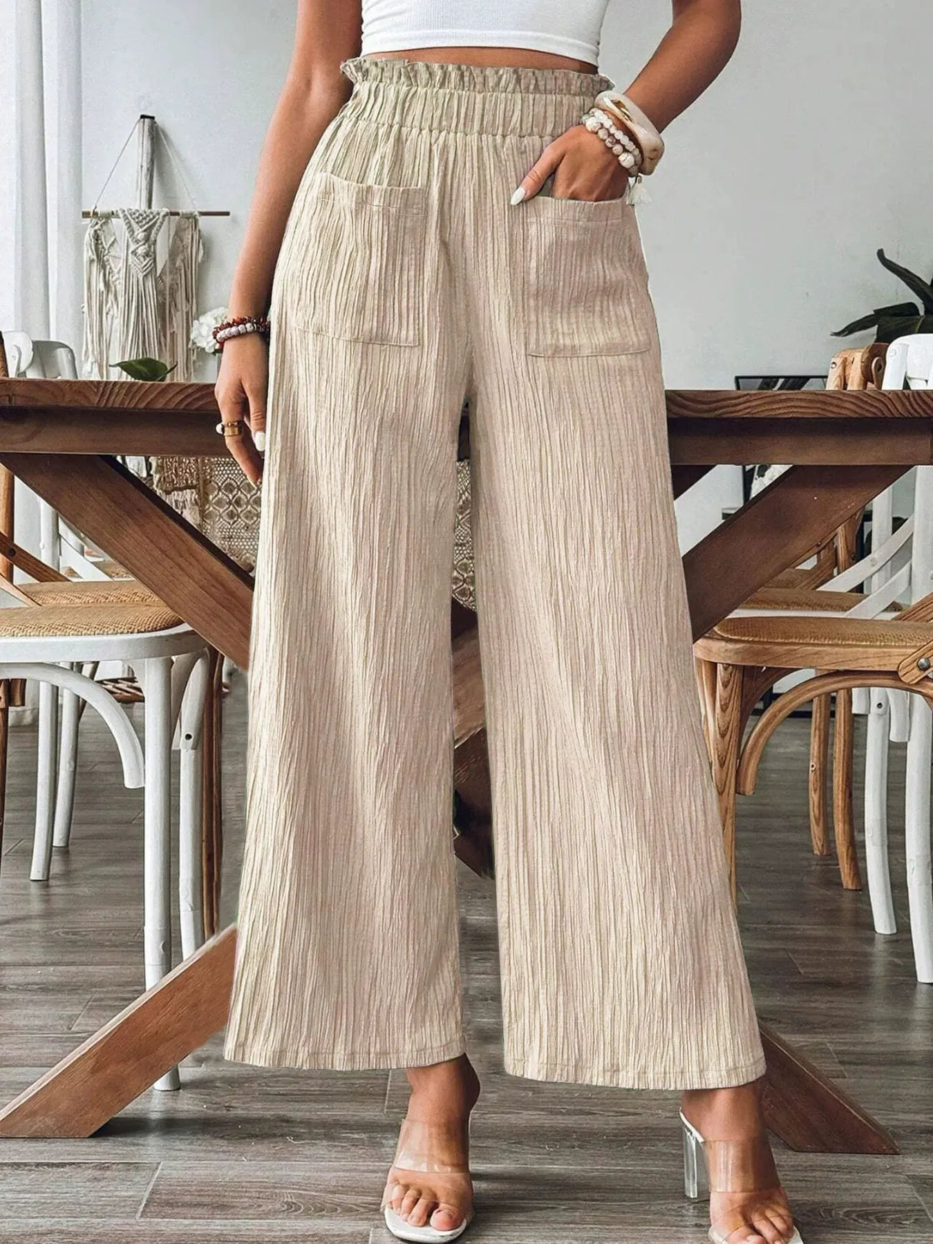 High-Waist Plated Wide-Leg Pocket Pants