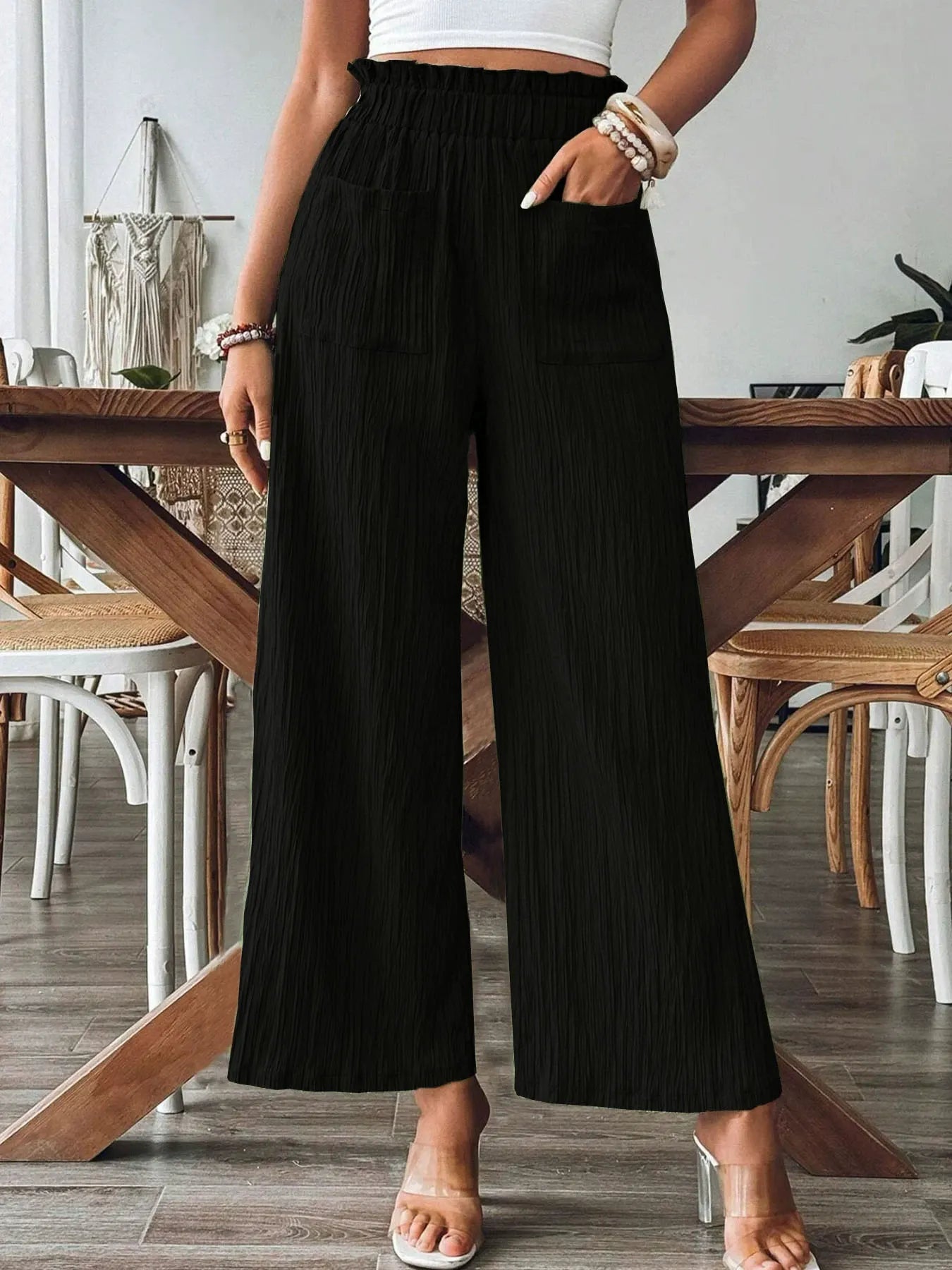 High-Waist Plated Wide-Leg Pocket Pants