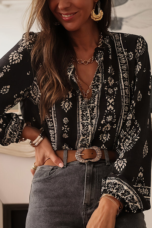 Bohemian V-Neck Ethnic Print Blouse