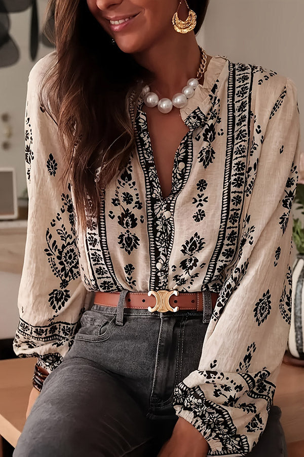 Bohemian V-Neck Ethnic Print Blouse