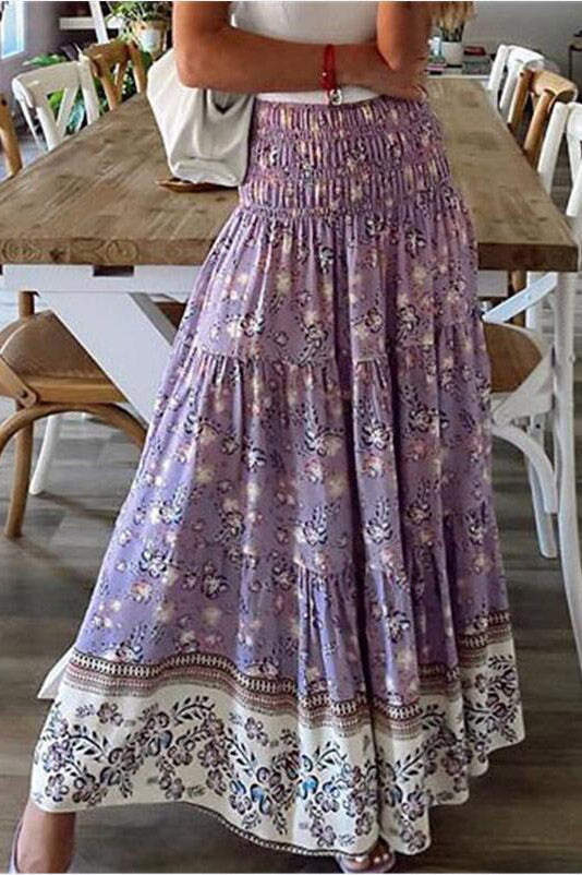 Bohemian Floral Print Smocked Maxi Skirt