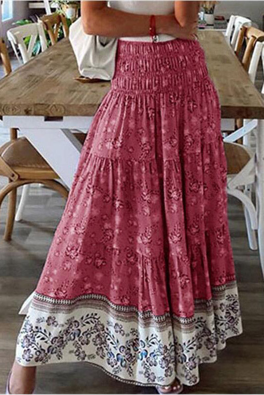 Bohemian Floral Print Smocked Maxi Skirt