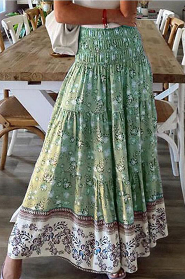 Bohemian Floral Print Smocked Maxi Skirt