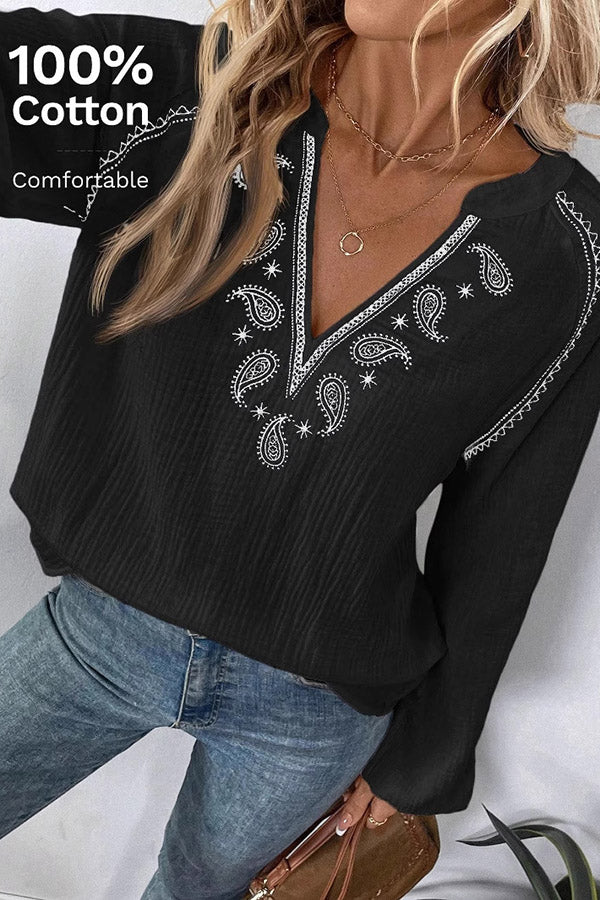 Boho Paisley Embroidery V-Neck Blouse