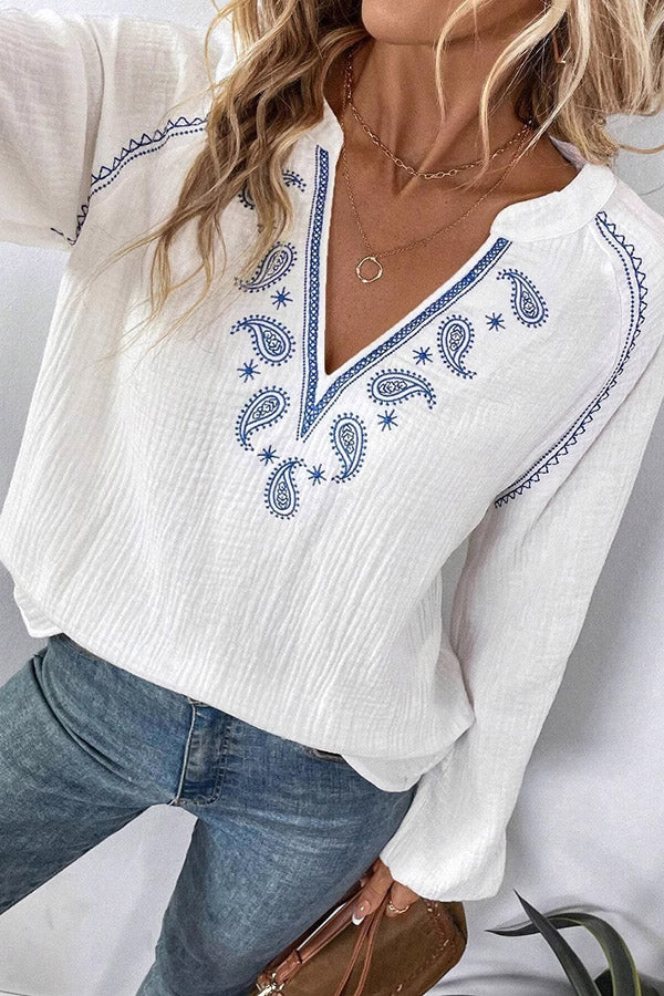 Boho Paisley Embroidery V-Neck Blouse