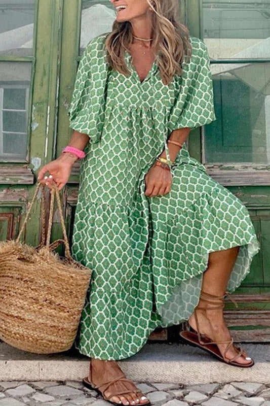 Boho Geometric Print Tiered Maxi Dress