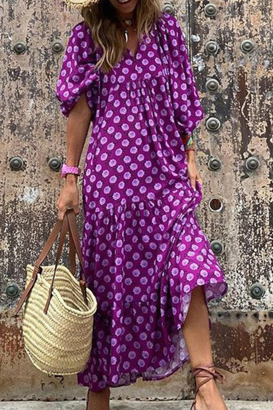Boho Geometric Print Tiered Maxi Dress