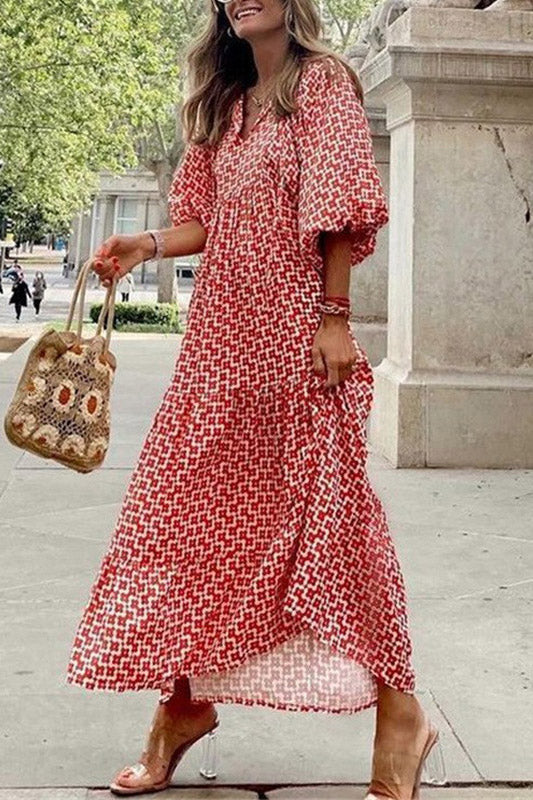 Boho Geometric Print Tiered Maxi Dress