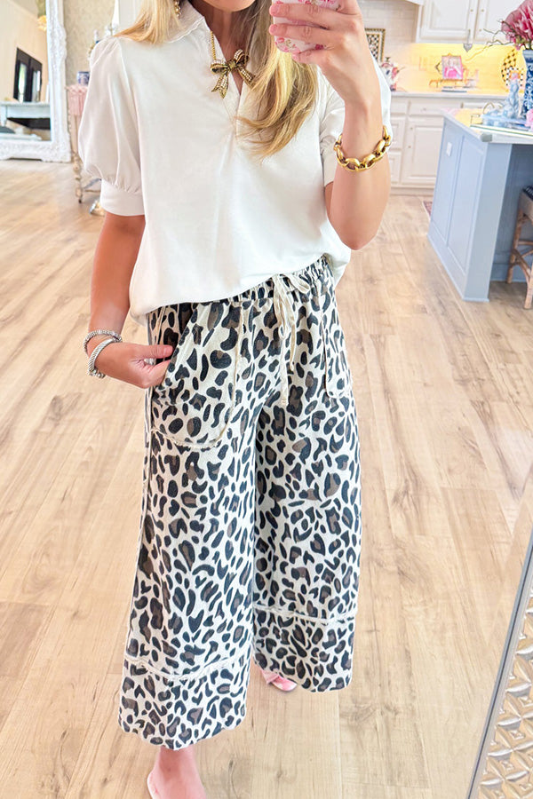 Women's Leopard Wide Leg Cropped Pants