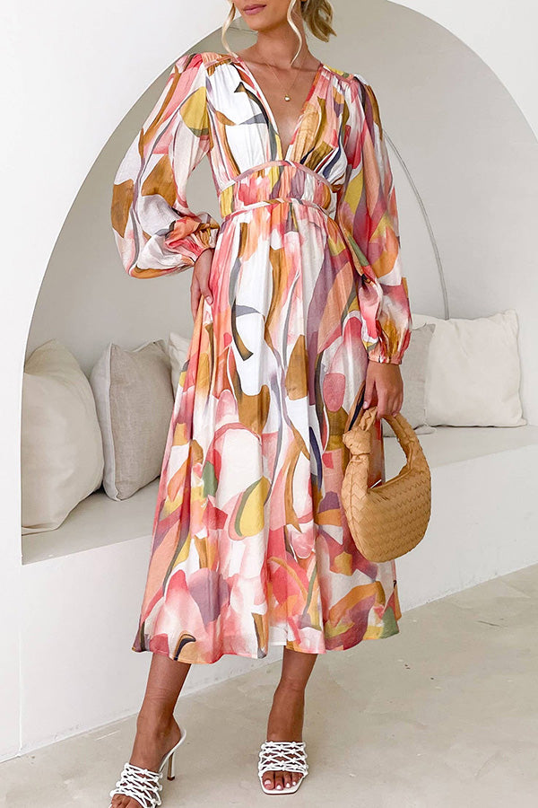 Abstract Print V-Neck Maxi Dress