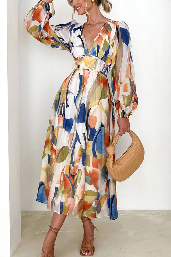 Abstract Print V-Neck Maxi Dress