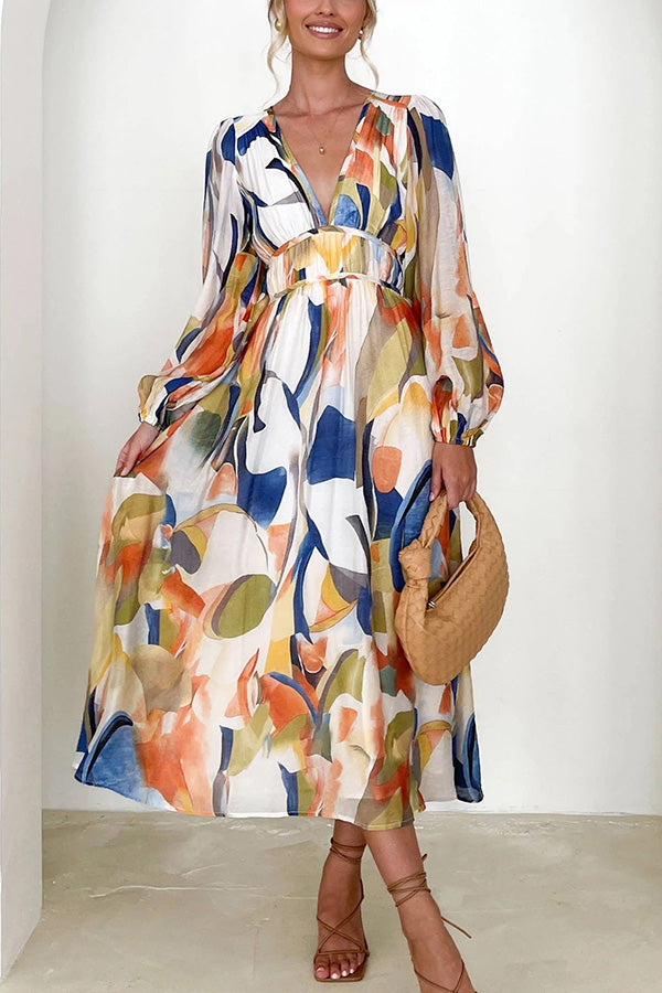 Abstract Print V-Neck Maxi Dress