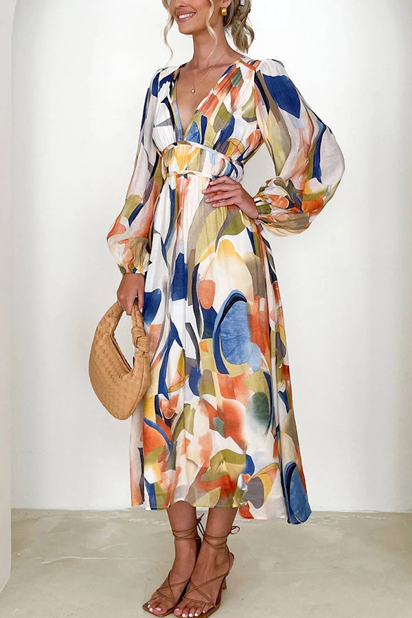 Abstract Print V-Neck Maxi Dress