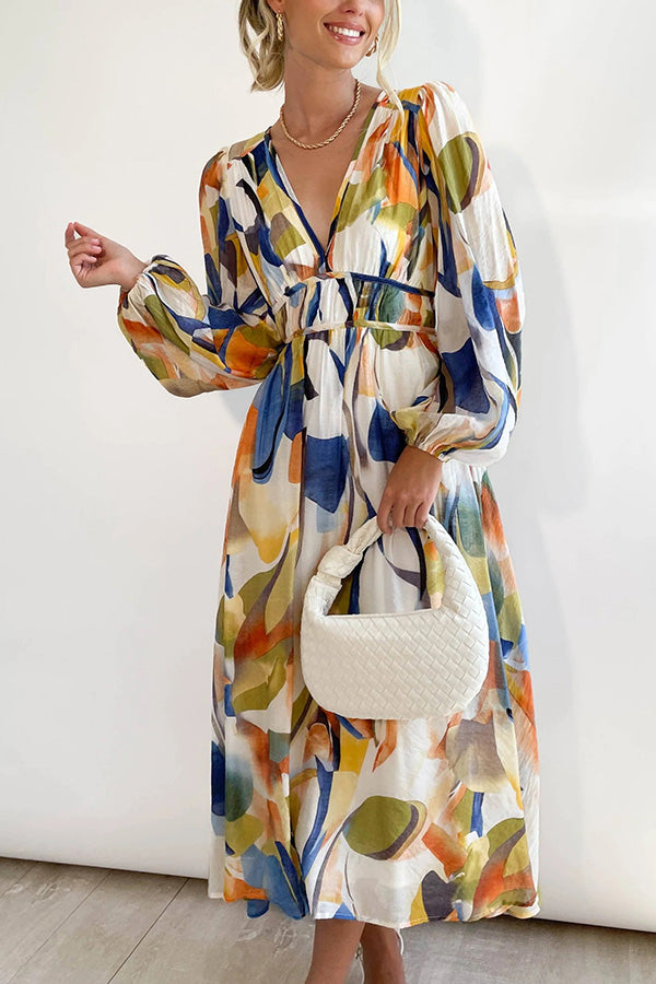 Abstract Print V-Neck Maxi Dress
