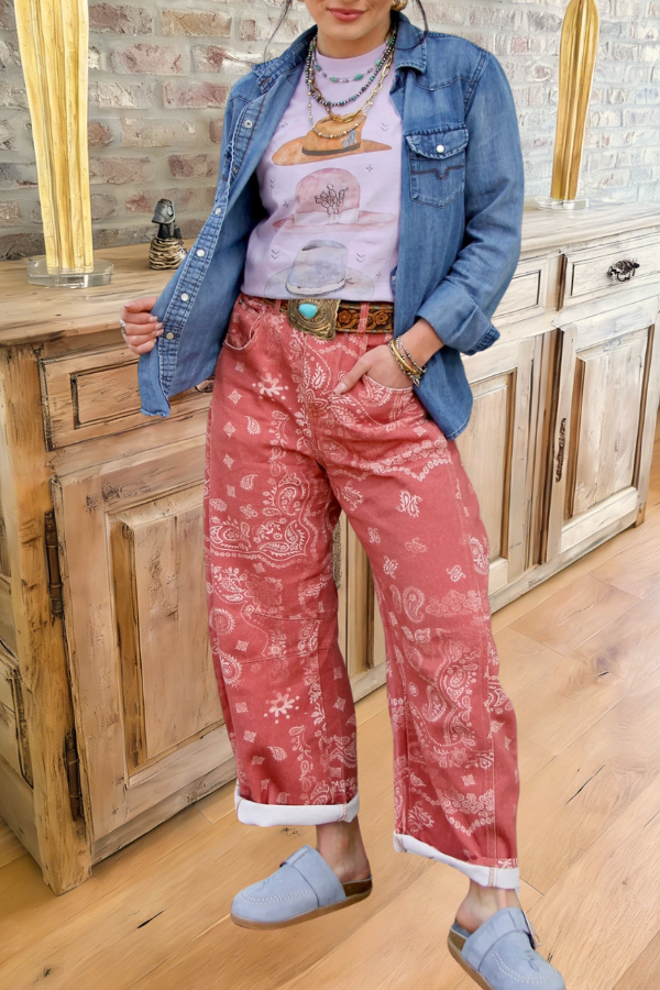Paisley Print Wide Leg Denim Pants