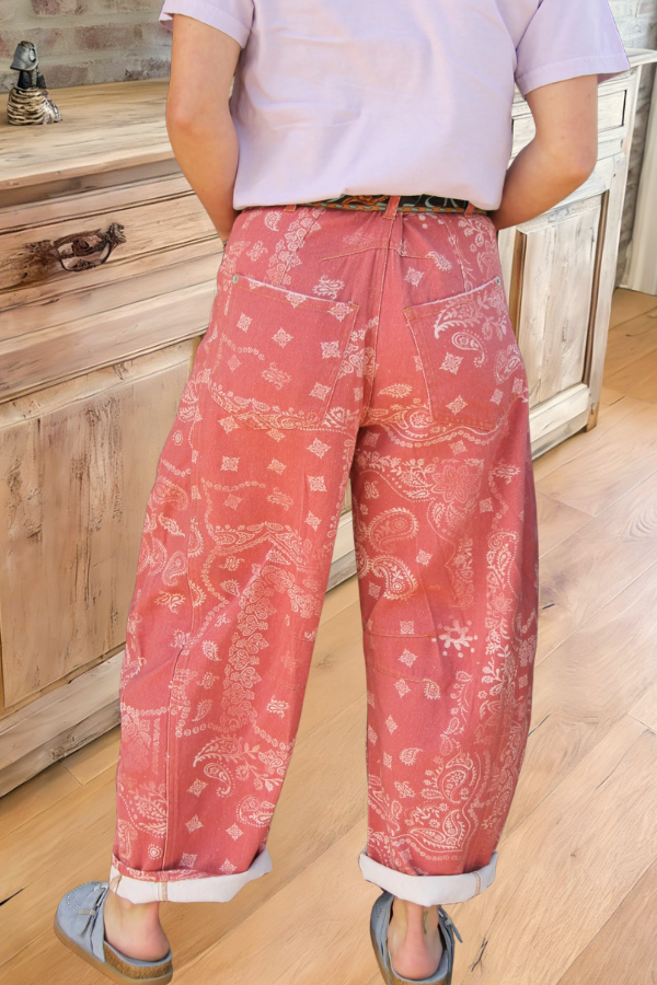 Paisley Print Wide Leg Denim Pants