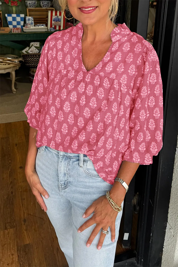 Floral Print V-Neck Puff Sleeve Blouse