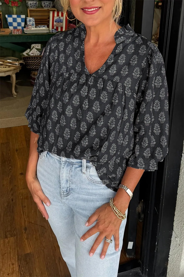 Floral Print V-Neck Puff Sleeve Blouse