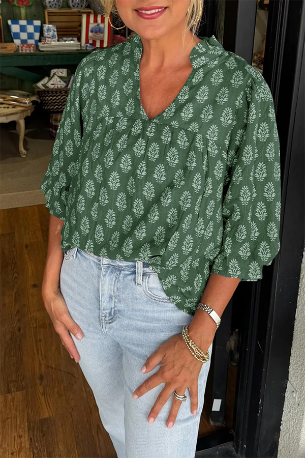 Floral Print V-Neck Puff Sleeve Blouse