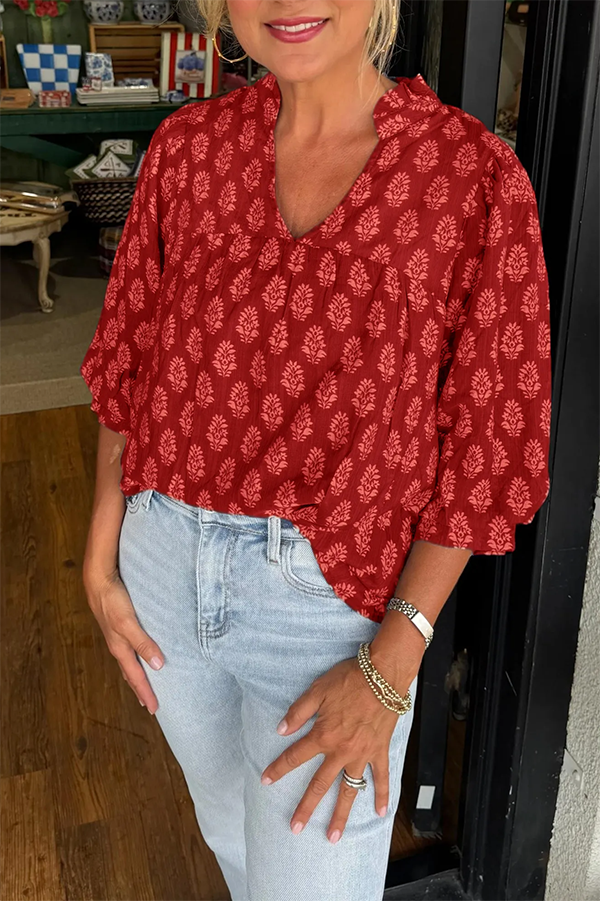 Floral Print V-Neck Puff Sleeve Blouse