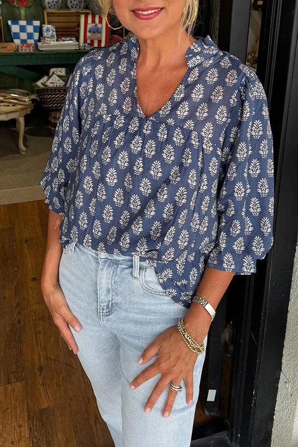 Floral Print V-Neck Puff Sleeve Blouse