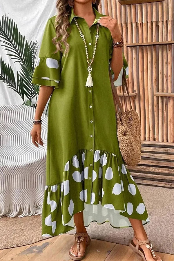 Polka Dot Ruffle Hem Shirt Dress