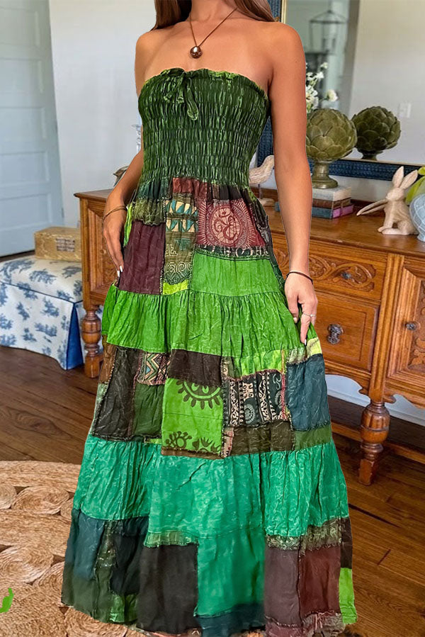 Boho Patchwork Smocked Maxi Dress