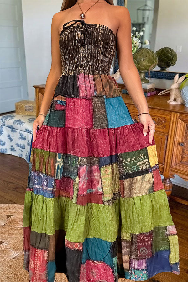 Boho Patchwork Smocked Maxi Dress