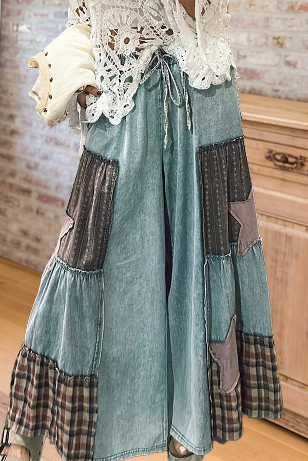 Star Patchwork Wide Leg Denim Pants