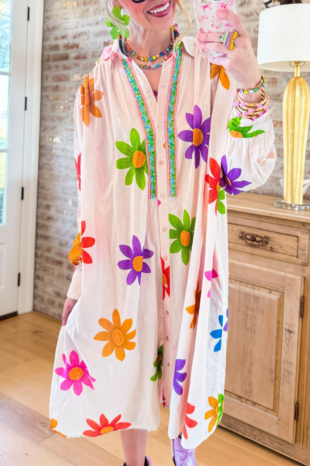 Floral Print Button Down Midi Dress