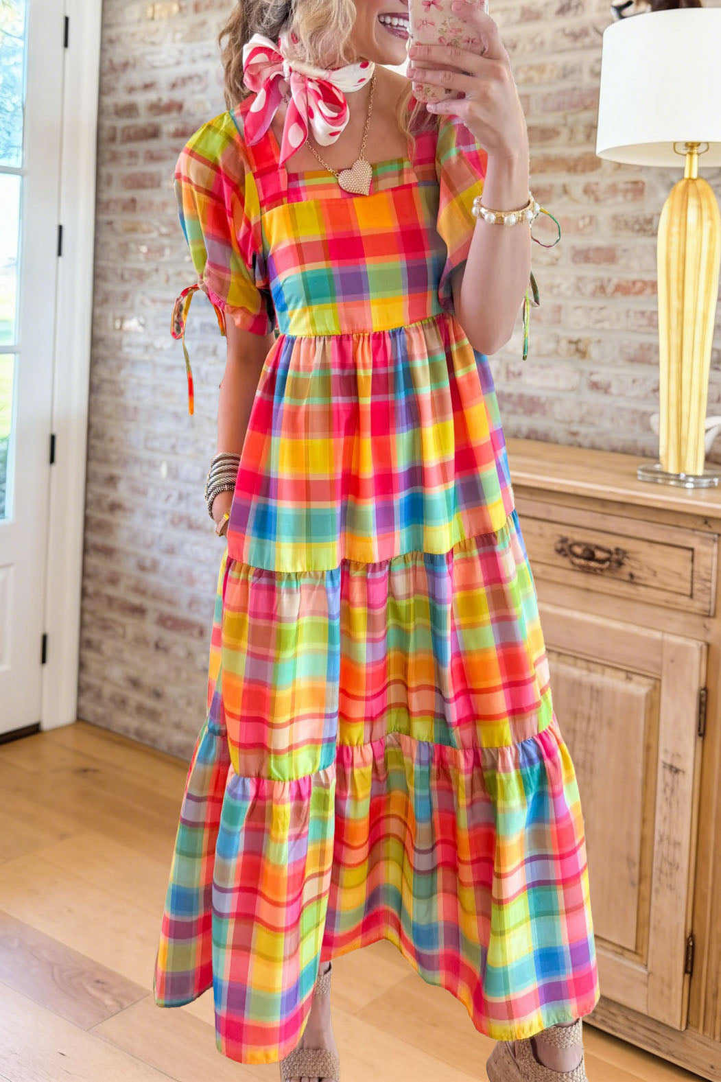 Plaid Square Neck Tiered Maxi Dress