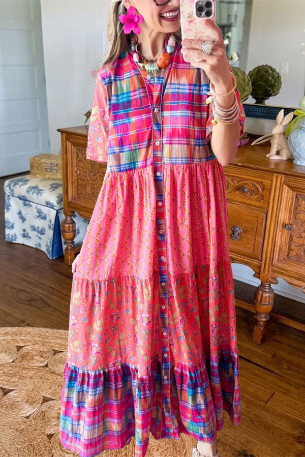 Plaid Floral Ruffle Maxi Dress