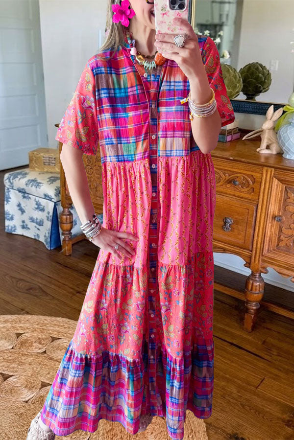 Plaid Floral Ruffle Maxi Dress