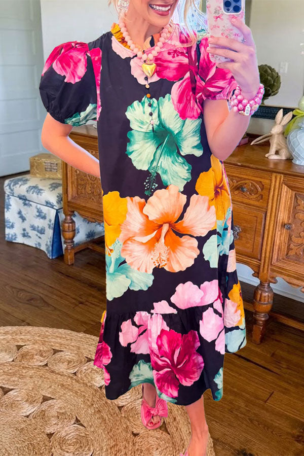 Floral Print Puff Sleeve Midi Dress