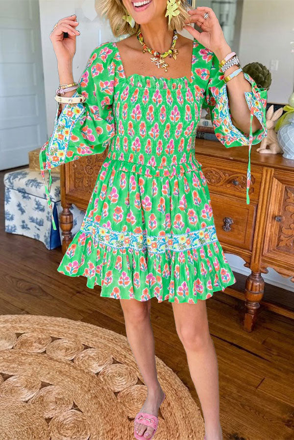 Floral Smocked Square Neck Mini Dress