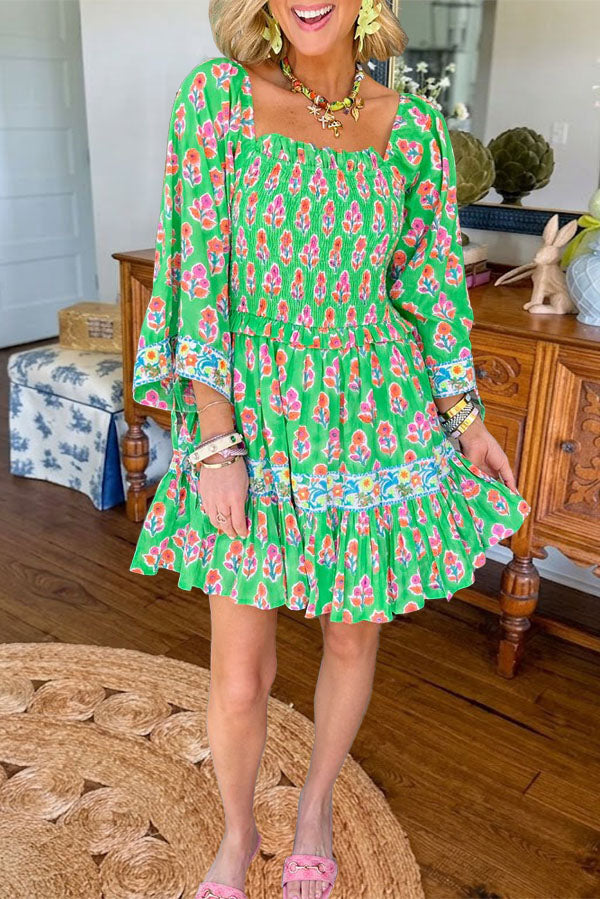 Floral Smocked Square Neck Mini Dress