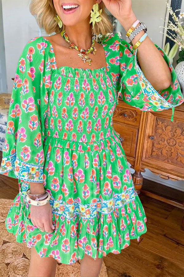 Floral Smocked Square Neck Mini Dress