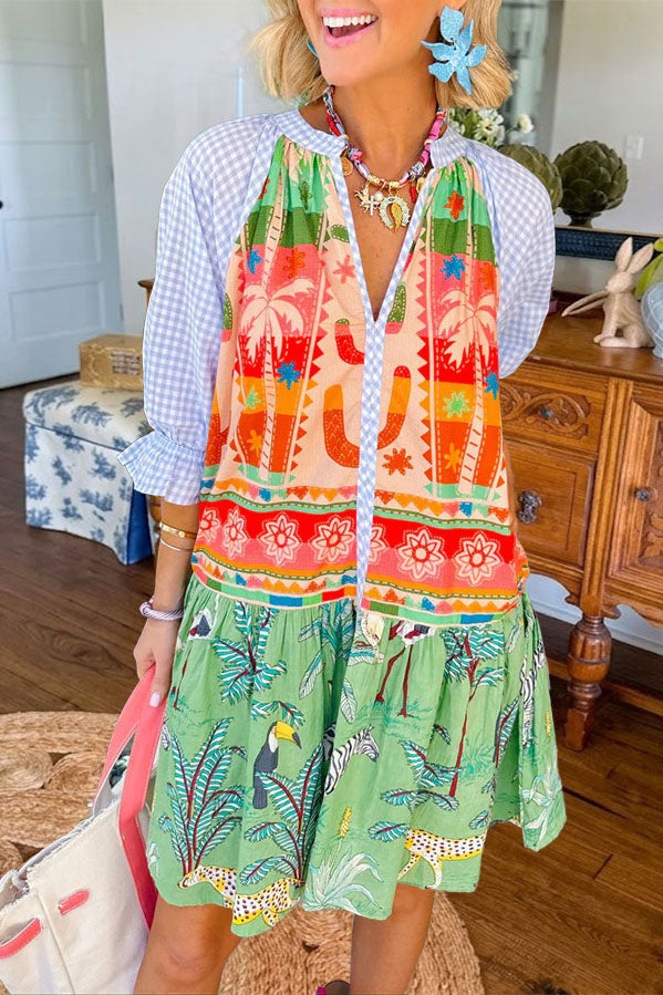 Tropical Plaid Mixed Print Ruffle Dress
