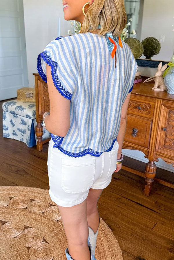Embroidered Striped Scallop Hem Top