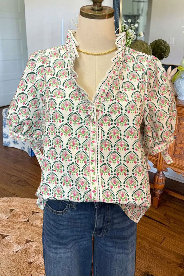 Floral Ruffle Trim Puff Sleeve Blouse