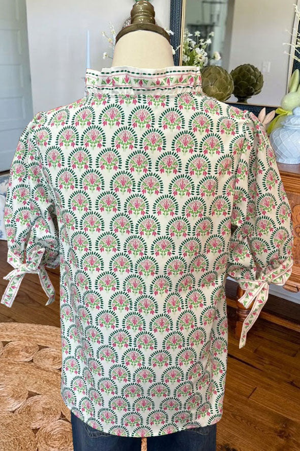 Floral Ruffle Trim Puff Sleeve Blouse