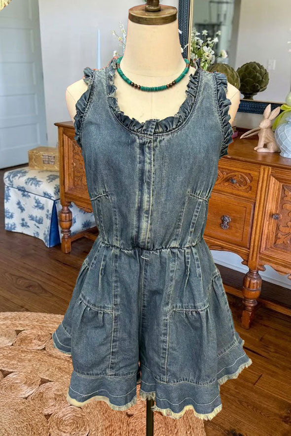 Ruffle Trim Backless Denim Romper