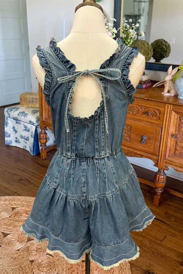 Ruffle Trim Backless Denim Romper
