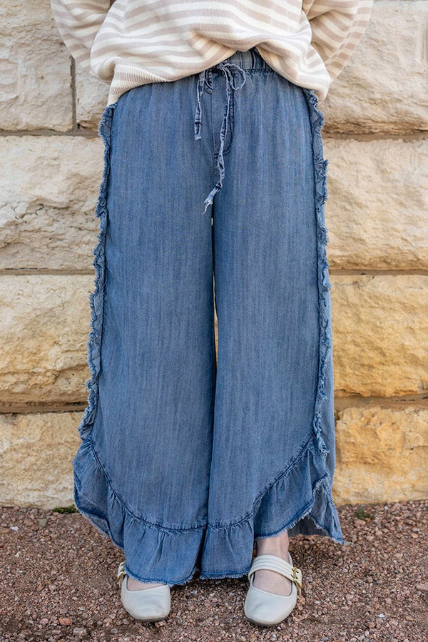 Solid Color Relaxed Ruffle Patchwork Wide Leg Jeans
